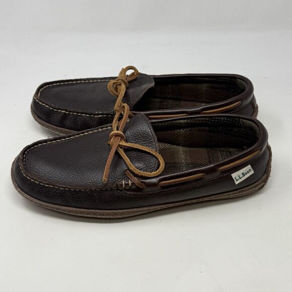 LL Bean Slippers Mens 9 M Brown Leather Flannel Lined Handsewn Moccasin Shoes - Picture 4 of 16